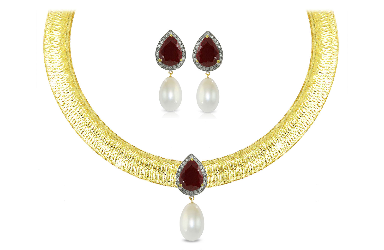 Vera Perla 18K Gold 0.36ct Diamonds, Ruby and 13mm White Pearl Jewelry Set - 2 pcs.